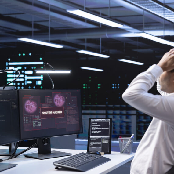 Technician in server hub doing face palm gesture, trying to protect hardware from hacker stealing information. Close up of data center employee stressed by security breach alert caused by virus